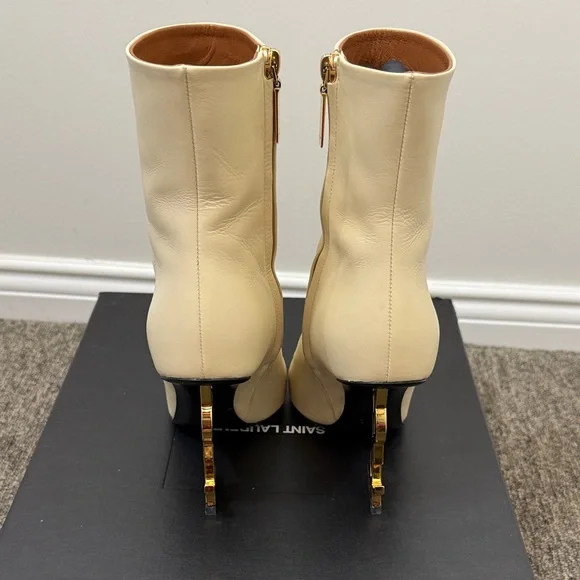 Saint Laurent Cream Leather Opyum Logo Heel Ankle Boots - Picture 5 of 9